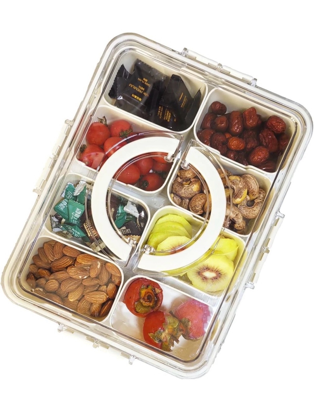 Divided Clear Snack Box; Serving Tray w/ Lid & Handle & Utensils 16 pc set